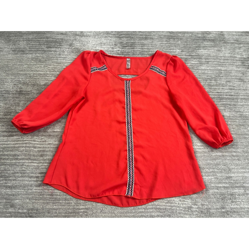 Bella D Blouse Womens Medium Red 3/4 Sleeve Keyhole Open Back Embroidered Trim